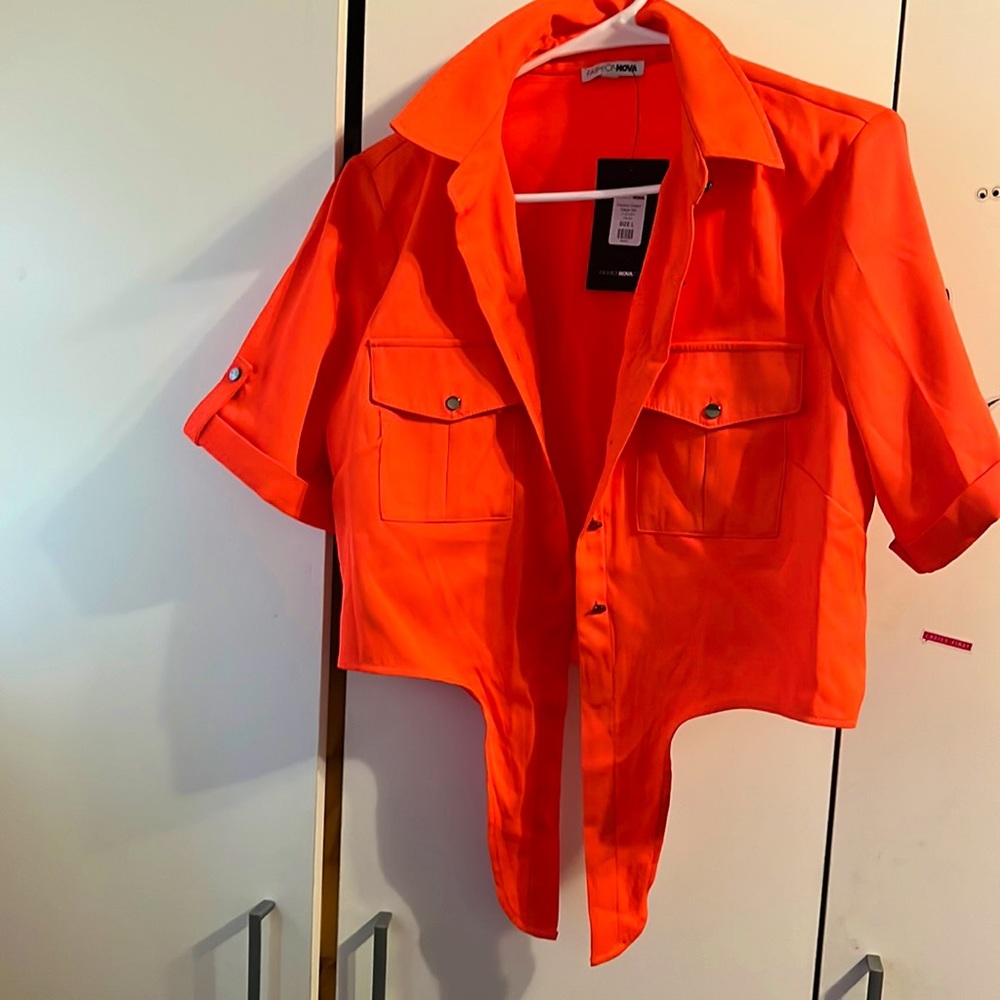 Orange button up tie shirt